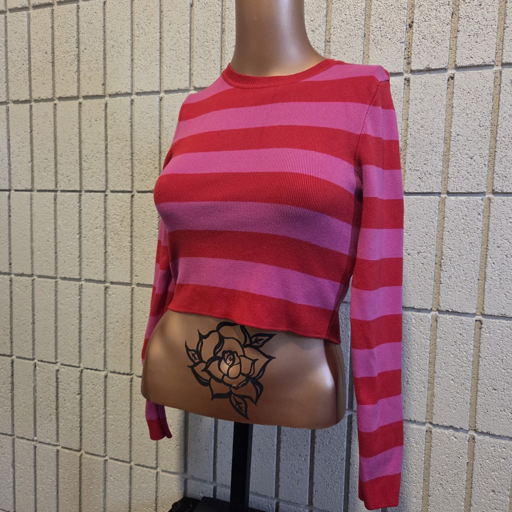 Zara Pink & Red Striped Cropped Long-Sleeve Top